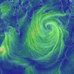 En stort lågtryck på norra Atlanten med orkanen Gonzalo vid USAs ostkust. Från den 17 oktober 2014, 15:00 UTC.